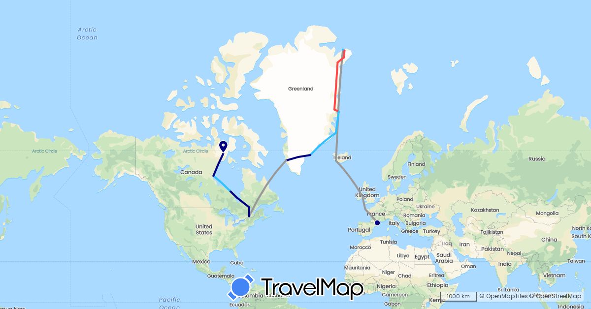 TravelMap itinerary: driving, plane, hiking, boat in Canada, France, Greenland, Ireland, Iceland (Europe, North America)