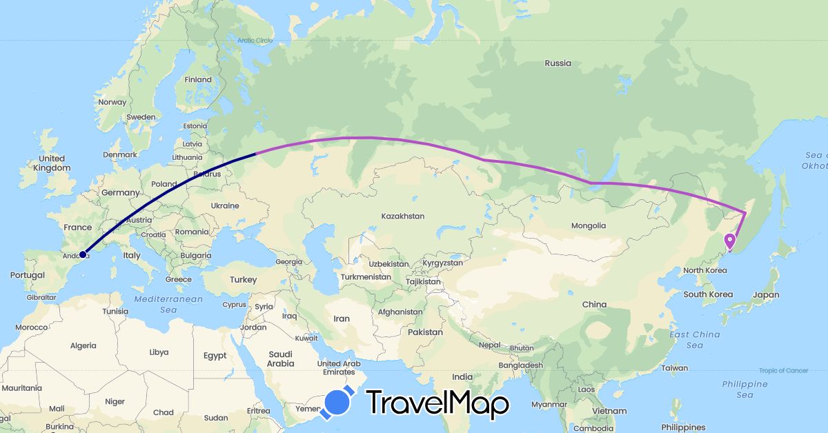 TravelMap itinerary: driving, train in France, Russia (Europe)